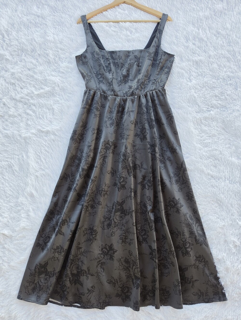 Wayf NWT Black Floral Satin Desi Corset Midi Dress